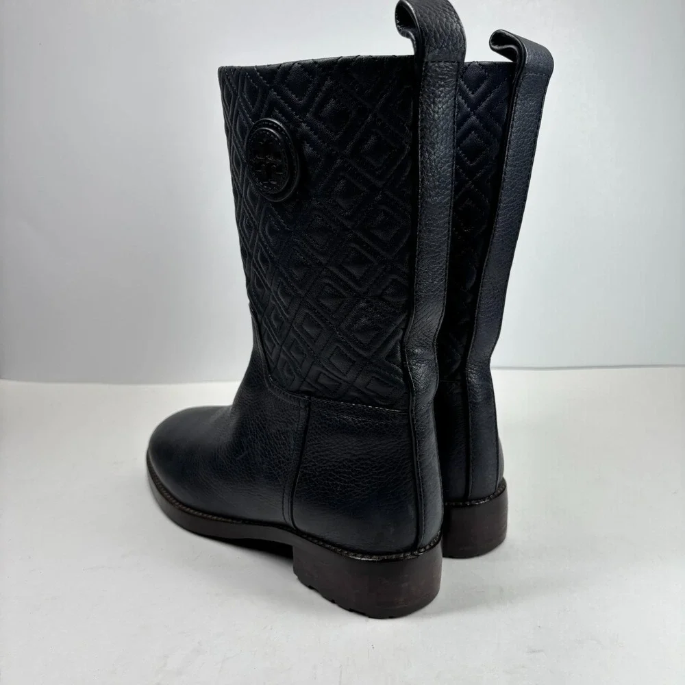 Tory Burch Marion Women's US 8M Quilted Black Leather Mid-Calf‎ Boots Equestrian